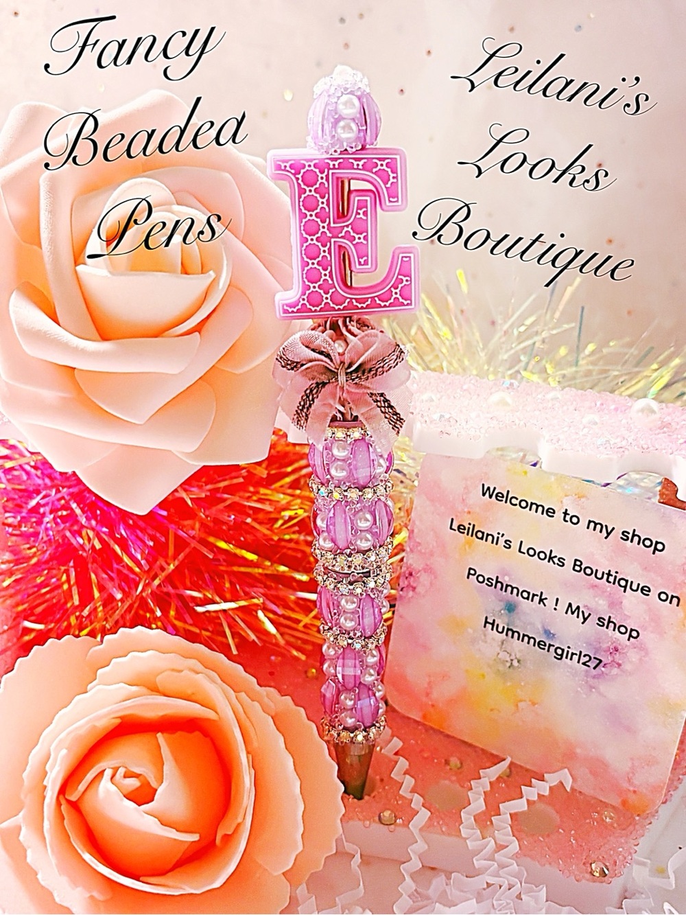 Fancy beaded pen/gifts/initial E/purple flowers/
